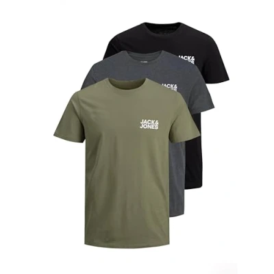 Image of JACK &amp; JONES Men&#039;s T Shirt Logo Tee Crew Neck Pack of 3, 3 (Dusty Olive, Dark Grey Melange, Black), XL