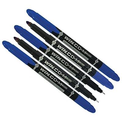 Image of PERMANENT MARKER PENS, CD M Dual Tip, BLUE, Fine Medium Point, Pack of 5, DVD OHP Glass Plastic Waterproof Ink Markers, ZOFAX Black Ball Pen