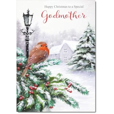 Image of doodlecards Godmother Christmas Card Robin by Lamp Medium Size for with Plain Envelope