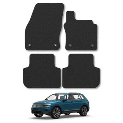 Image of Rubber Car Mats Compatible with VW Tiguan (2016+) Tailored Fit Floor Set Accessory Black Custom 4 Pieces Clips Anti Slip Backing, Heavy Duty &amp; Waterproof