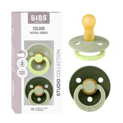 Image of BIBS Colour Studio Soother 2 Pack, BPA Free Dummy Pacifier, Round Nipple. Natural Rubber Latex, Made in Denmark, Size (6 18 Months) Sage/Huntergreen