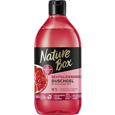Image of Nature Box Shower Gel (385 ml), Revitalising with Pomegranate Fragrance, Vegan and pH Neutral Formula Cold Pressed Oil, Natural Cosmetics Certified