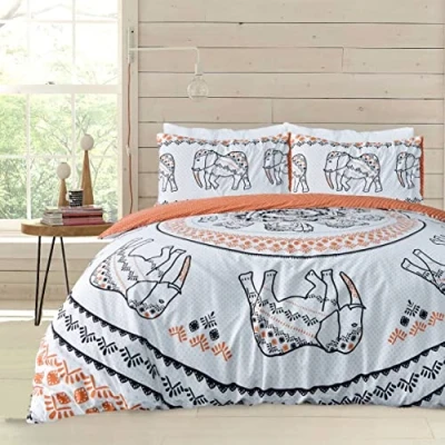 Image of Sleepdown Tribal Elephant Mandala White Rust Orange Reversible Duvet Cover Quilt Pillow Cases Bedding Set Soft Easy Care Double (200cm x 200cm)