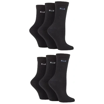 Image of Elle Ladies Patterned and Plain Assorted Sock Styles including Anklets, No Show, Trainer, Knee High Regular Cotton Socks in a Multipack of 6 &amp; 4 Pairs Black True 8