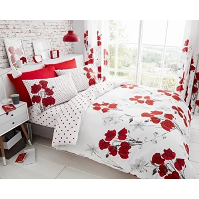 Image of FAIRWAYUK Double Duvet Covers Set, Printed Poppy Floral Red Bedding Reversible Quilt Cover With Pillow Case, Poly Cotton, Easy Care