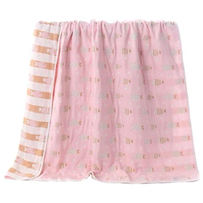 Image of Hayisugar Soft Baby Blankets 6 Layer Muslin Cloth 100% Cotton Kids Toddler Blanket Swaddle for Boys &amp; Girls, Pink Fish, 150 x 200 cm