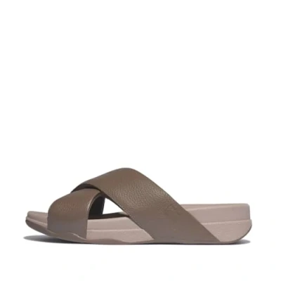 Image of Fitflop Surfer Mens Tumbled Leather Cross Slides Sandal, Walnut, 8 UK
