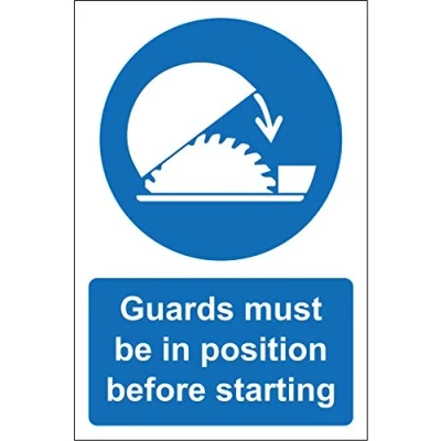 Image of Guards must be in position before starting Safety sign Self adhesive sticker 300mm x 200mm