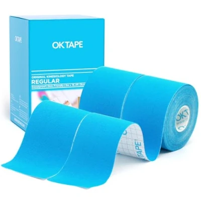 Image of OK Tape Kinesiology Basic Original Cotton Elastic Athletic for Support and Recovery, 5cmx5m Uncut Roll 2 Rolls,Blue