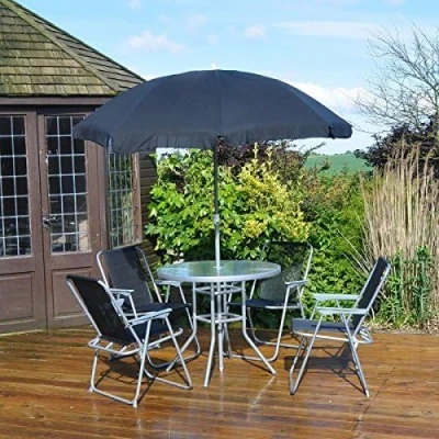 Image of Garden Mile Modern Folding 6 Piece Furniture Set Weatherproof Table, Parasol Umbrella and 4 Chairs Indoor Outdoor Decorative Accessories (Black &amp; Silver)