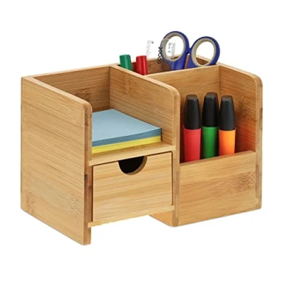 Image of Relaxdays Desk Organiser, 3 Compartments and Drawer, H x W D: 14 20.5 13 cm, Bamboo, Natural