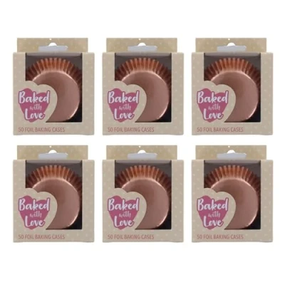 Image of Baked with Love Rose Gold Foil Baking Cases, 300 Cups, Greaseproof Cupcake Silver, 6 Packs of 50 Cases
