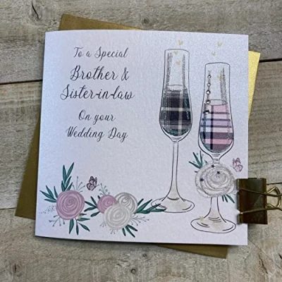 Image of WHITE COTTON CARDS BROTHER &amp; SISTER IN LAW TARTAN FLUTES, SCOTTISH WEDDING CARD, HAND FINISHED (D62)