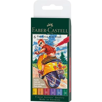 Image of Faber Castell Art &amp; Graphic Pitt Artist Pen Brush India Ink Pen, Colour Wheel, Wallet Of 6, For Art, Craft, Drawing, Sketching, Home, School, University, Colouring