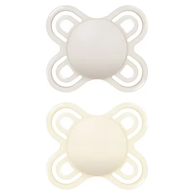 Image of MAM Perfect Soothers 0 2 Months (Pack of 2), Thinner and Softer Baby with Self Sterilising Travel Case, Newborn Essentials, Cream/White (Designs May Vary)