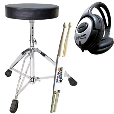 Image of keepdrum accessory set for electric drum, drum stool, headphones and drumsticks