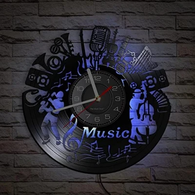 Image of Smotly Vinyl Wall Clock, Musical Instrument Clock with LED Night Light Function, Gift for Beautiful Home Decor.