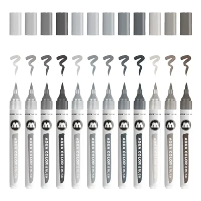 Image of Molotow Aqua Colour Brush (Brush Pen Marker Grey Set, Tip for Watercolour and Hand Lettering) 12 Pieces Assorted