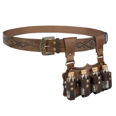 Image of HiiFeuer Medieval Embossed Alchemy Faux Leather Buckle Belt with 4 Cork Vials, Fantasy Wizard Potion Bottles Halloween (Brown B)