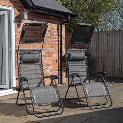 Image of Pack of 2 Multi Position Garden Gravity Relaxer Chair Sun Loungers with Canopy in Grey