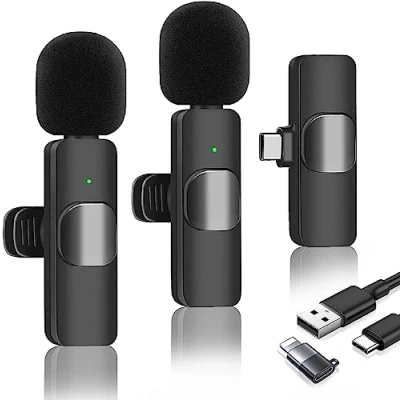 Image of Wireless Lavalier Microphone, Microphones for iPhone/Android/iPad/Laptop, Clip on Microphone Plug Play and Noise Reduction, 2 Pack Lapel Mic Recording, Live Streaming (Black)