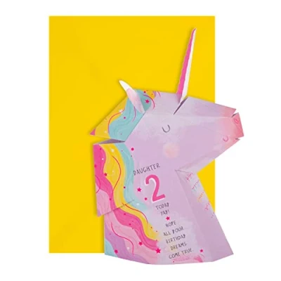 Image of Hallmark 2nd Birthday Card for Daughter Pop up 3D Unicorn Head Design