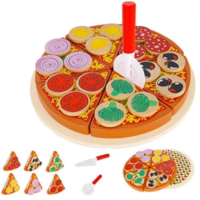Image of KRUZZEL Wooden Pizza Toy for Kids Food Set 27 pcs Slices Cutting Play Simulation Child Kitchen 9354