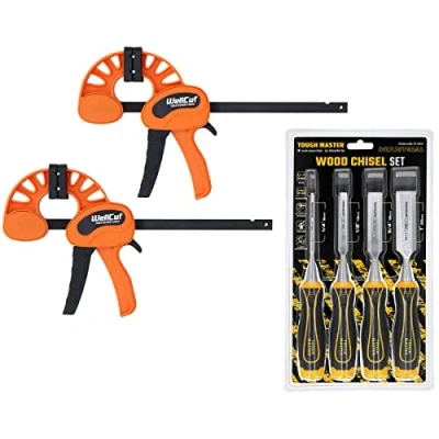 Image of TOUGH MASTER Carving Chisel Set, 4 Piece Wood Bevel Edge Tools, Carbon Steel, Strong Grip with 2 Quick Working Bar Clamping Force of 70kg