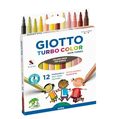 Image of GIOTTO Turbocolor Felt Tip Fibre Pens, Fine Nib 2.8mm, 12 Skin Tone Colours, Ideal for Children, Parties and Schools