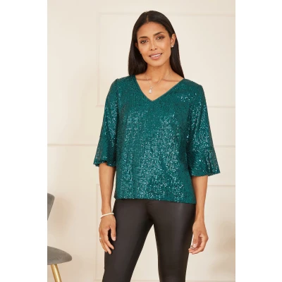Image of Yumi Green Sequin Top with Fluted Sleeve 24 UK