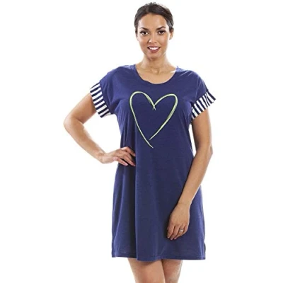 Image of Camille Womens Short Sleeved Heart Motif Nightdress Ladies Above The Knee Nightie Comfortable &amp; Breathable Summer Nightwear Navy 8 10