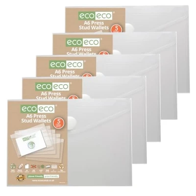 Image of eco A6 95% Recycled Clear Press Stud Popper Wallet, Plastic Folders (Pack of 25), eco155x25