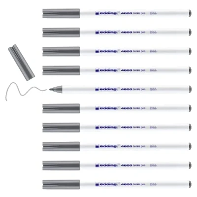 Image of edding 4600 textile pen grey box of 10 round nib 1 mm permanent fabric pens for drawing on textiles, wash resistant to 60 C