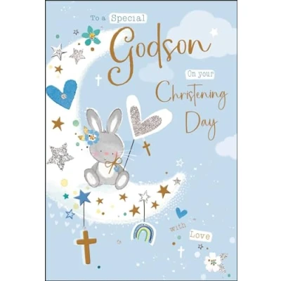 Image of Godson Christening Congratulations Card Special Rabbit and Stars Finishes Illustrated Insert Leaf Made in the UK