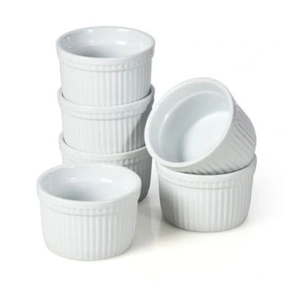 Image of WishDeco Ceramic Ramekins Set of 6, Creme Brulee 200ml/8 oz, White Dipping Sauce Dishes, Ramekin Bowls for Baking, Souffle, Custard Pudding, Cake, Oven Safe