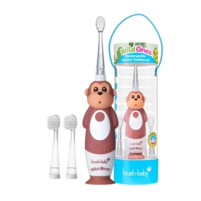 Image of Brush Baby WildOnes Kids Electric Rechargeable Toothbrush, 1 Handle, Head, USB Charging Cable, for Ages 0 10 (Monkey)