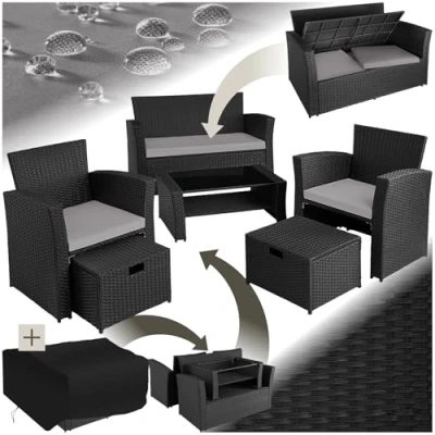 Image of TecTake® Rattan Garden Furniture, with 1 Sofa, Table and 2 Chairs stools, patio Furniture Includes Storage Box Protective Cover, Ideal for Garden, Conservatory, black/grey