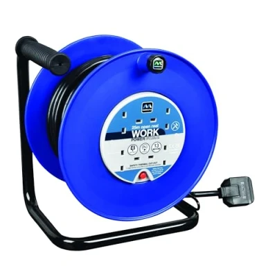Image of Masterplug Four Socket Open Cable Reel with Handle, 40 Metres, Blue