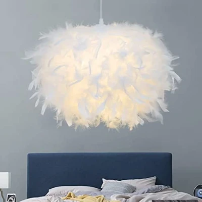 Image of GUANSHAN 40cm/15.9&quot; Hemisphere White Feather Pendent Light Lampshade Ceiling Fixture Chandelier for Living Room, Bedroom, Dining Room