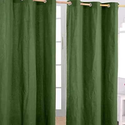 Image of HOMESCAPES Olive Green Eyelet Curtain Pair 137cm (54&quot;) Wide x 228cm (90&quot;) Drop Plain Heavy Unlined Curtains