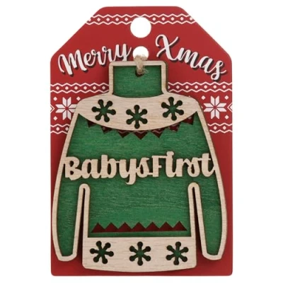 Image of Babys First Christmas Jumper Wooden Tree Decoration Personalised Bauble Xmas Green
