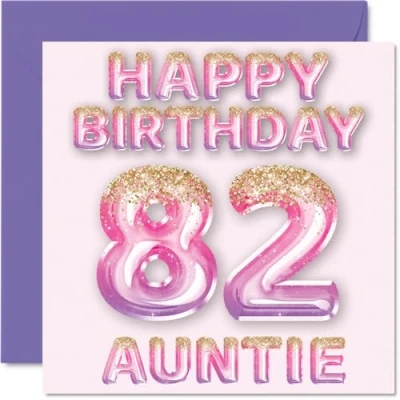 Image of 82nd Birthday Card for Auntie Pink &amp; Purple Glitter Balloons Happy Cards 82 Year Old Aunt Aunty from Nephew Niece, 145mm x Bday Greeting Gift