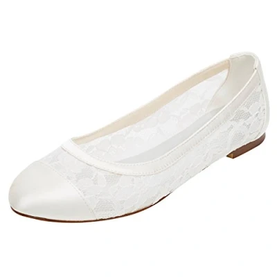 Image of Emily Bridal Lace Wedding Shoes Flat Ivory Pumps Round Slip on (EU40/UK7, Ivory)