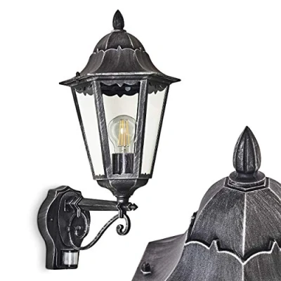 Image of Outdoor Wall lamp Lignac w. Motion Detector, Light Upwards in Antique Look, cast Aluminium Black/Silver with Clear Glass panes, for Terrace E27 socket, Vintage, Without Bulbs