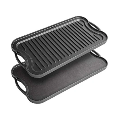 Image of nuovva Cast Iron Griddle Plate for Gas Hob and BBQ pan Double Sided Pre Seasoned, Grill Tray, Healthy Delicious Cooking, Flat Ridged Surfaces 50 x 25cm