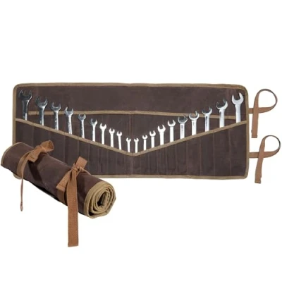 Image of Kaaltisy Wrench roll with 20+4 Tool Pockets, Sustainable 16OZ Waxed Canvas Pouch for Metric &amp; SAE, Multi Purpose Set Storage Brown