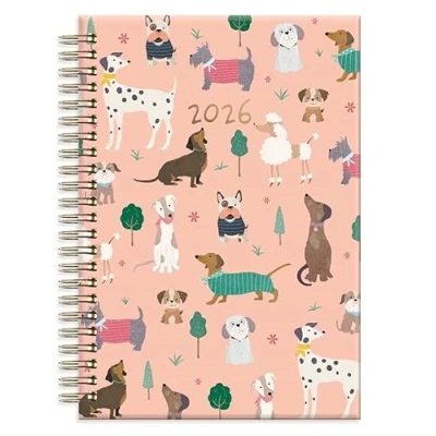 Image of 2026 A5 Week to View Diary Puppy Dog Design UK Full Year WTV Planner Organiser Hardback Spiral Bound Journal (Pink Cover)