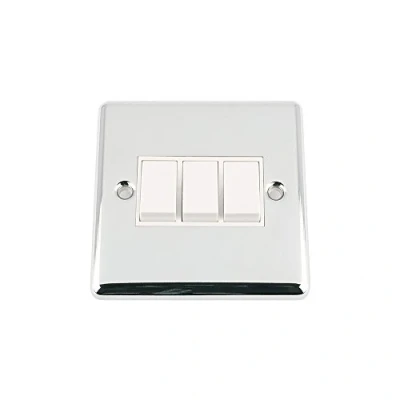 Image of Light Switch 3 Gang Polished Chrome Classic White Insert Plastic 10 Amp Triple 2 Way