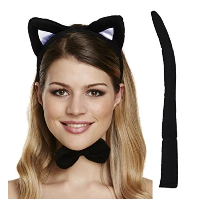 Image of HENBRANDT Adult Cat Set for Fancy Dress costume, ears, tail and bowtie Instant Up
