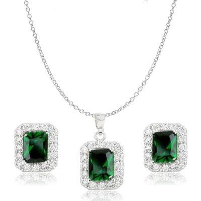 Image of Crystalline Azuria Women 18ct White Gold Plated Green Simulated Emerald Zirconia Crystals Set Pendant Necklace 17.7 inches Stud Earrings